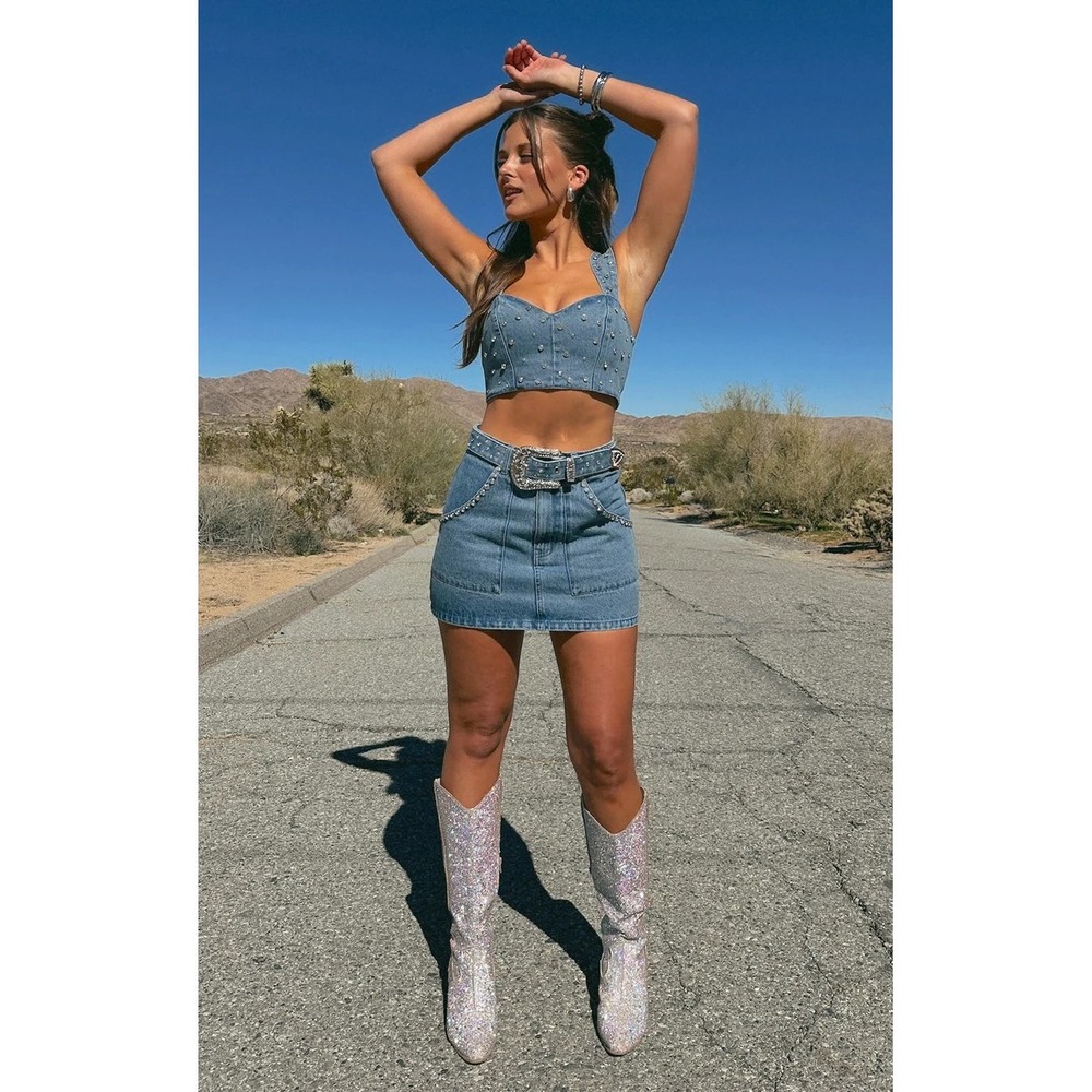 Show Me Your Mumu Denim Mini Skirt Rhinestone Belted Blue Western Women Large